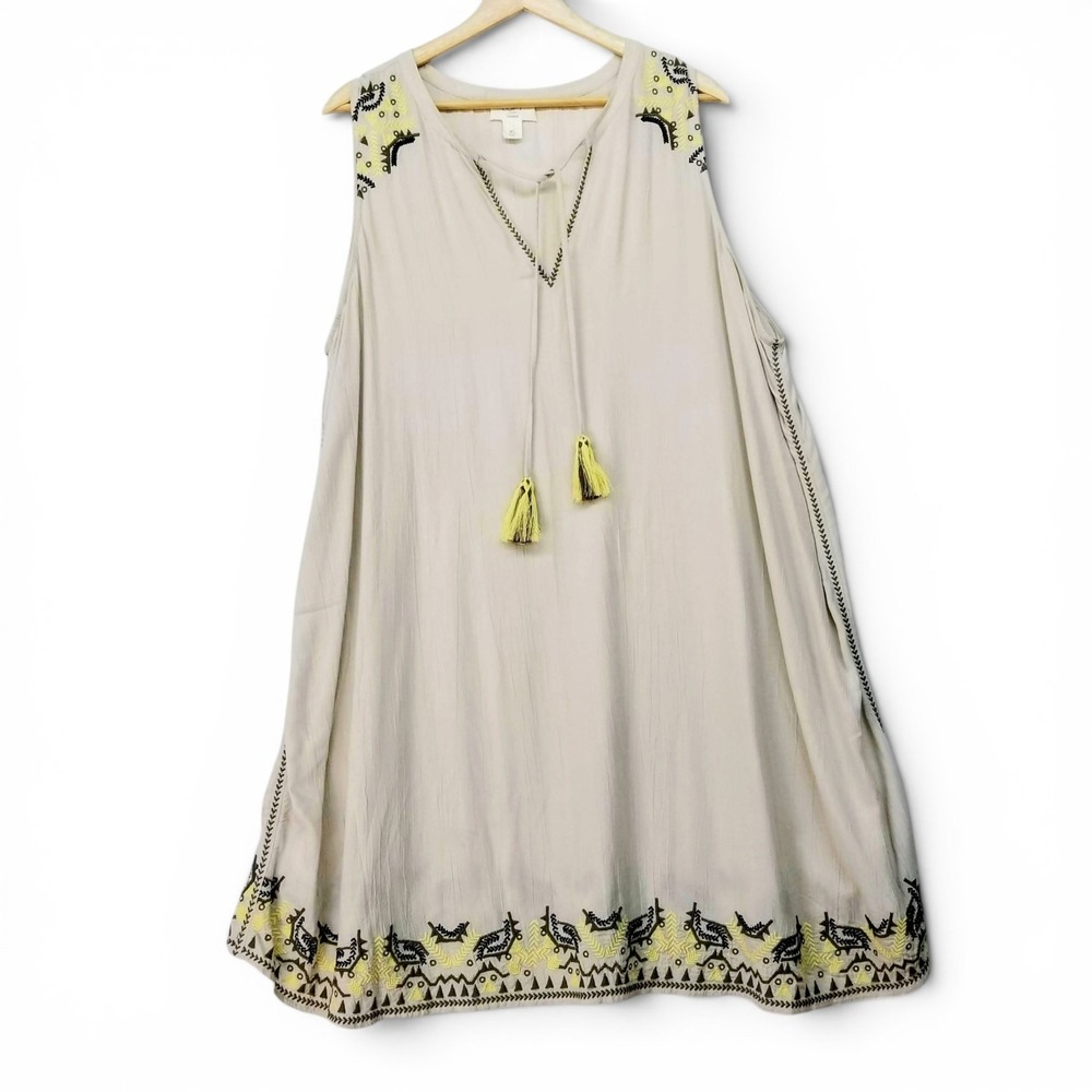 Loft Outlet Lounge Embroidered Tassel Tie Shift Dress XL Beige Boho Sleeveless